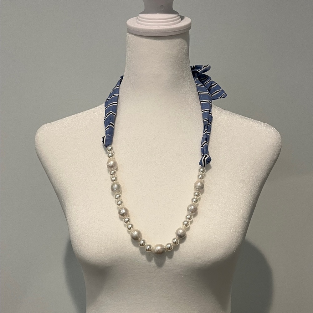 Ann Taylor Pearl Bead Necklace with Blue Striped Ribbon Tie